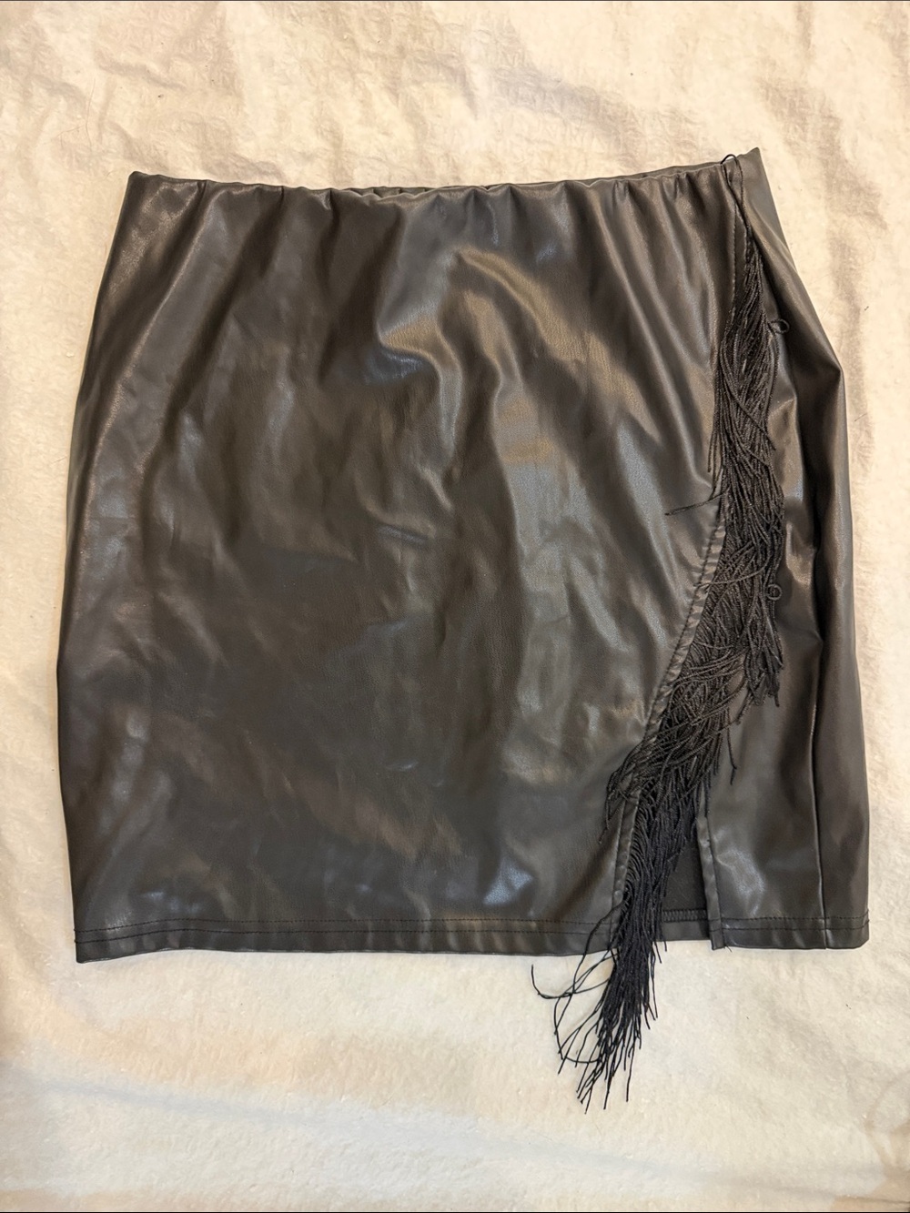 Black Faux Leather Mini Skirt with Side Fringe Detail